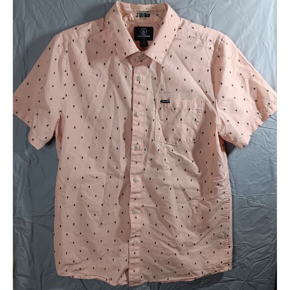Volcom Modern Fit Mens Medium Button Up Shirt Short Sleeve Pink Geometric - Picture 1 of 8